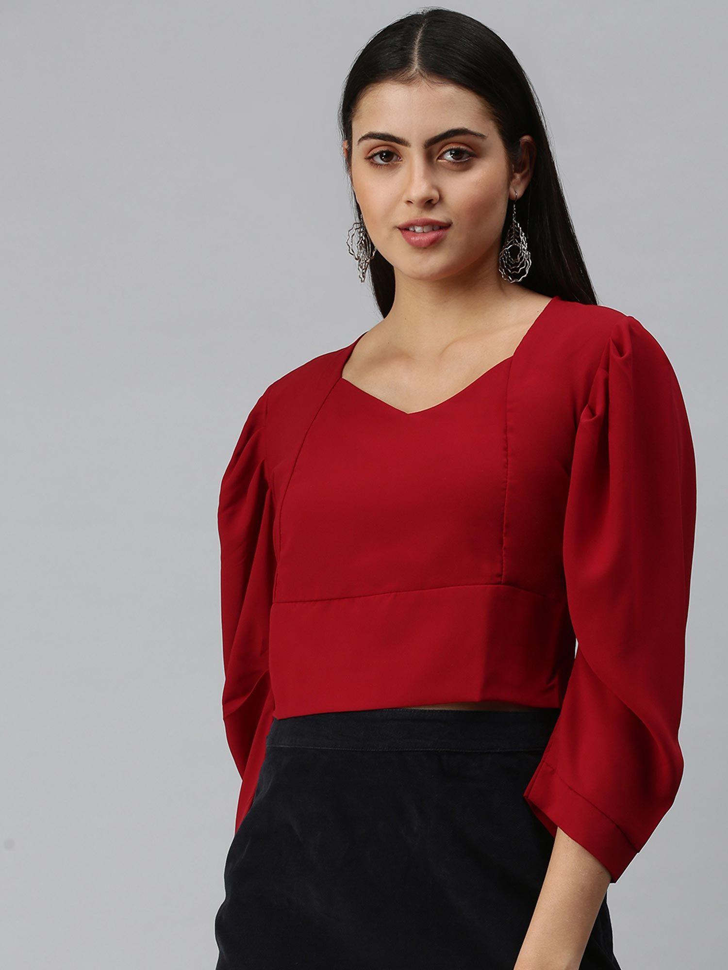 women sweetheart puff sleeves solid maroon top