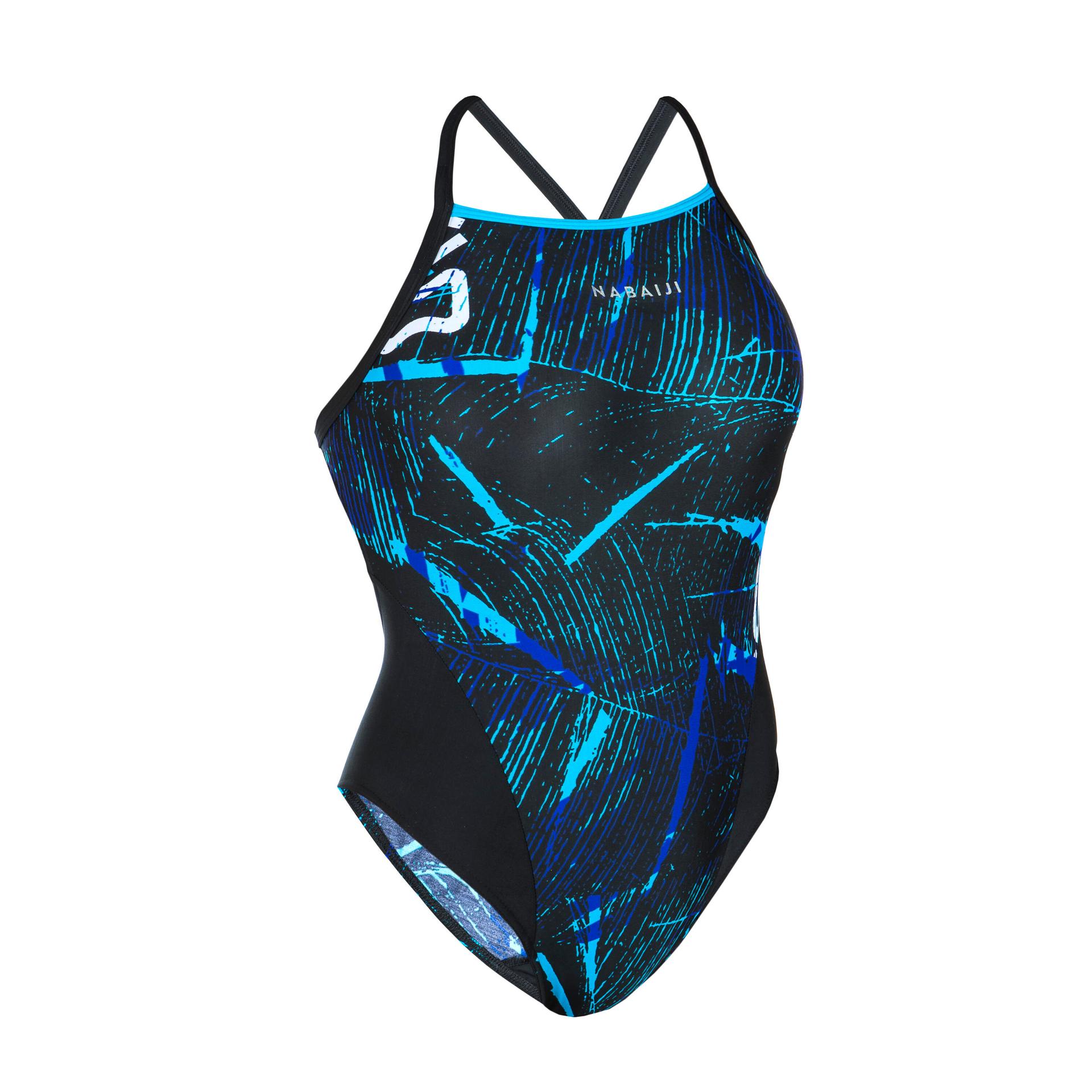 women swimming one piece swimsuit lexa koli  black and blue