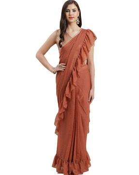 women swiss dot chiffon pre-stitched saree