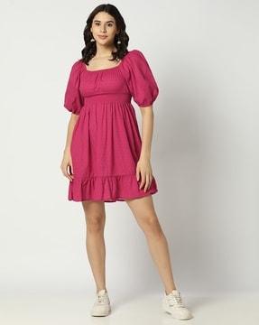 women swiss-dot patterned fit & flare dress