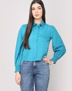 women swiss dot regular fit smocked shirt