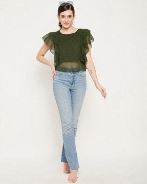 women swiss-dot relaxed fit top with ruffles