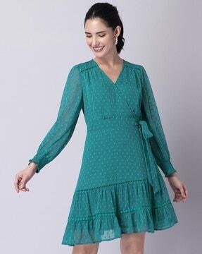 women swiss-dot relaxed fit wrap dress