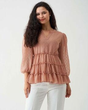 women swiss-dot top with ruffles