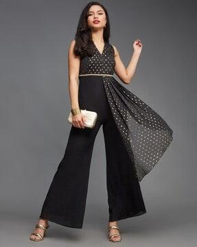 women swiss dot v-neck jumpsuit