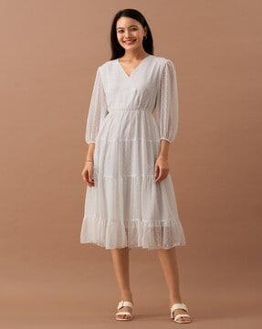 women swiss-dot v-neck tiered dress