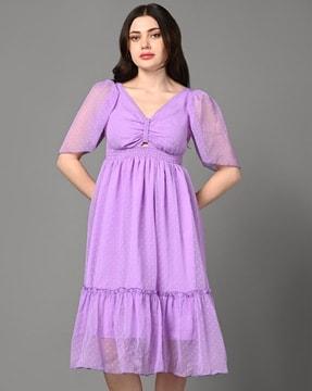 women swiss-dot v-neck tiered dress