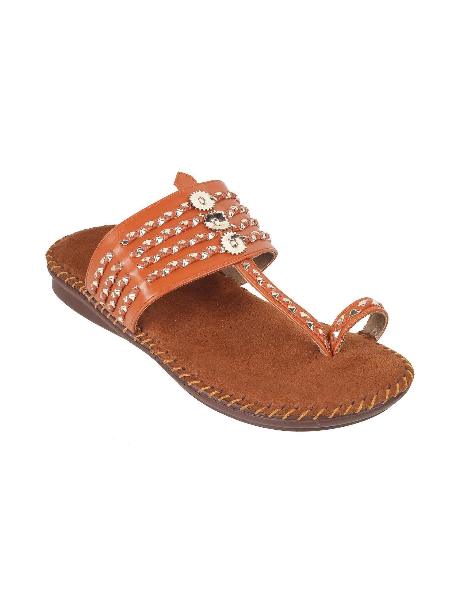 women synthetic tan flat kolhapuris