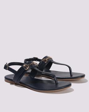 women t-strap flat sandals with buckle fastening