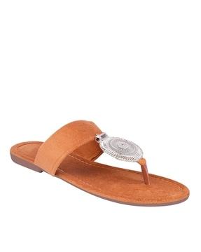 women t-strap flat sandals with metallic accent