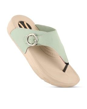 women t-strap flip-flops with buckle accent
