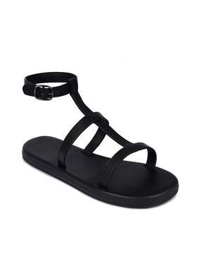 women t-strap sandals with buckle closure