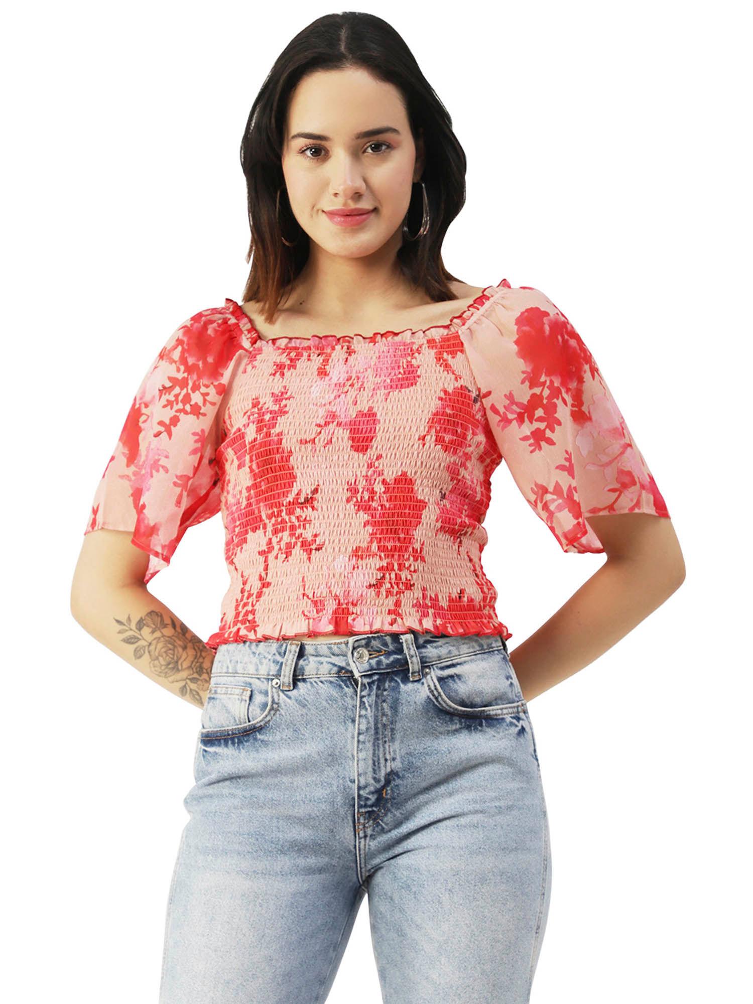 women tailored fit georgette floral pink top