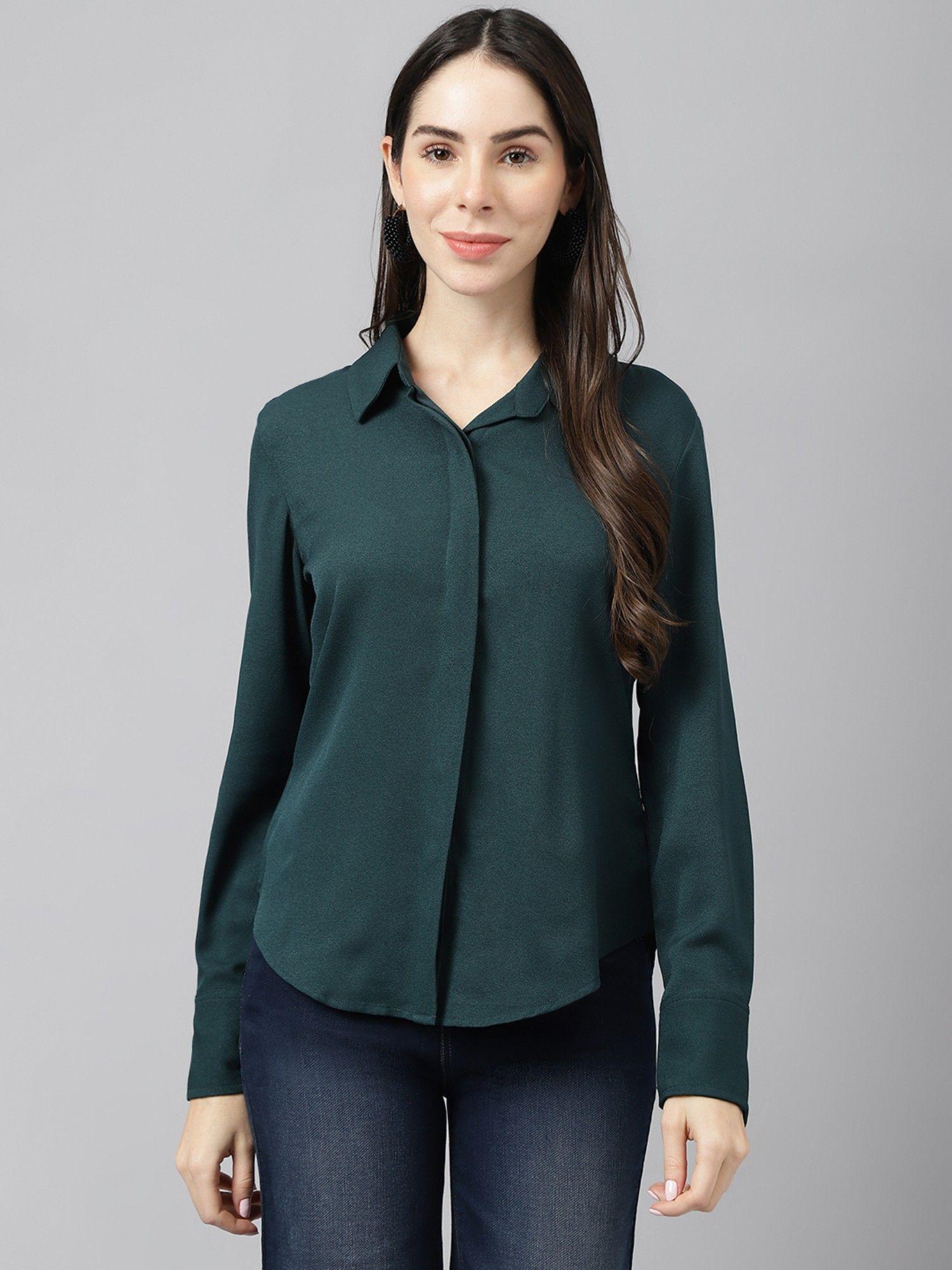 women tailored fit spread collar casual shirt -green