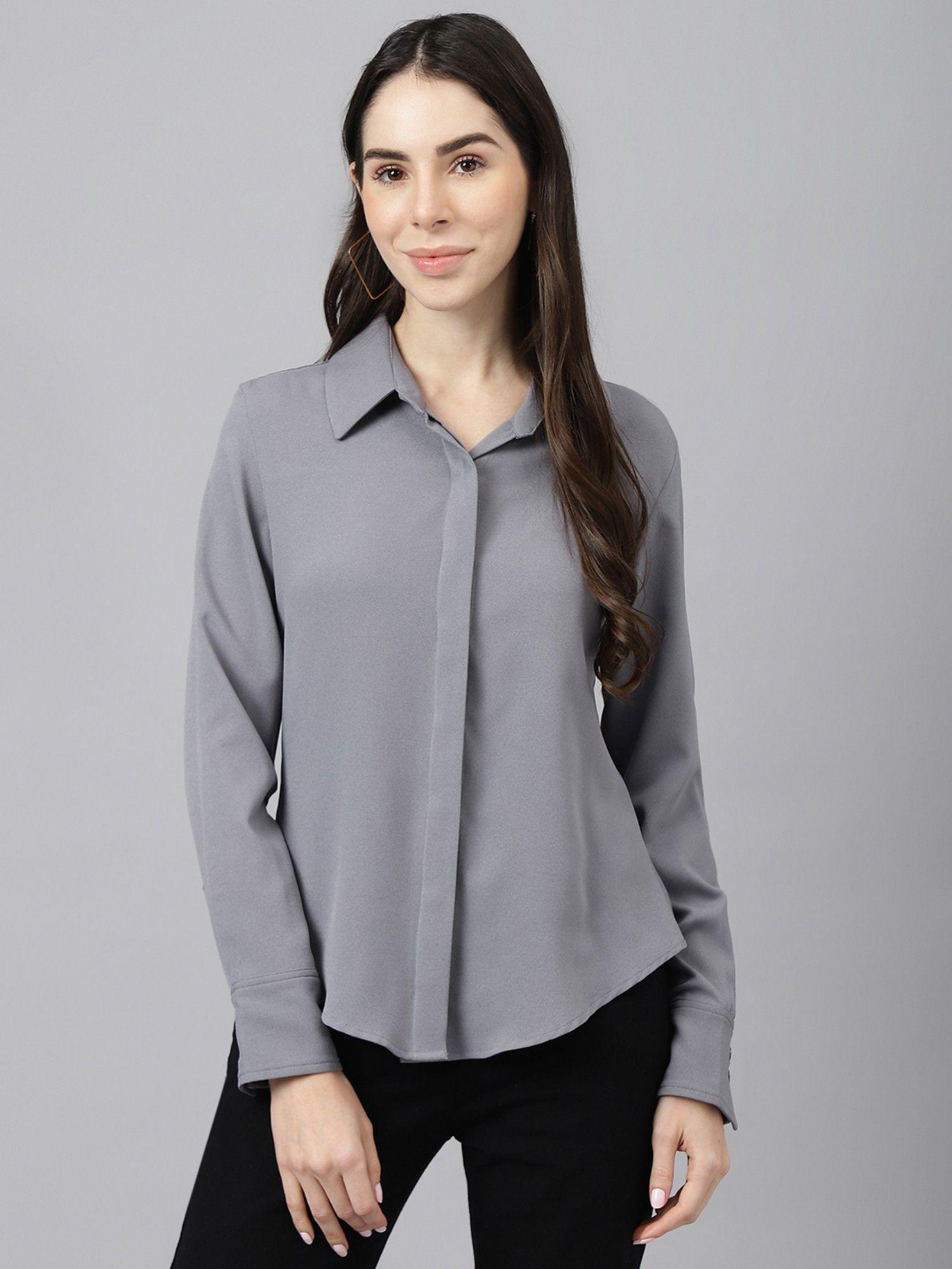 women tailored fit spread collar casual shirt -grey