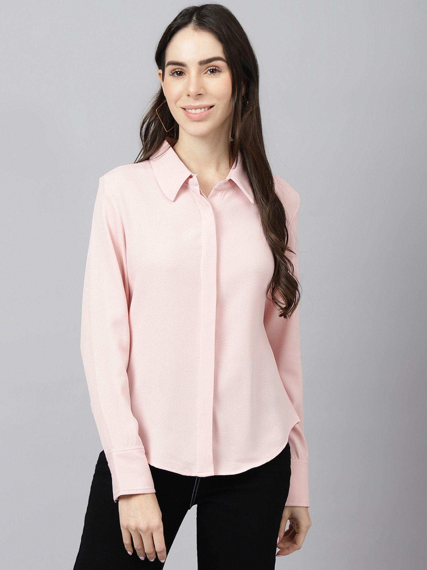 women tailored fit spread collar casual shirt -pink