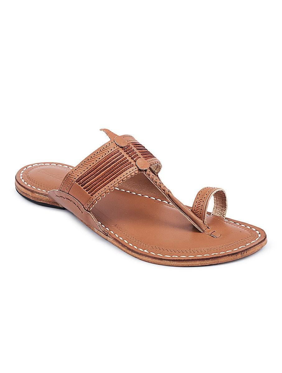 women tan brown leather solid open back one toe flats kolhapuris
