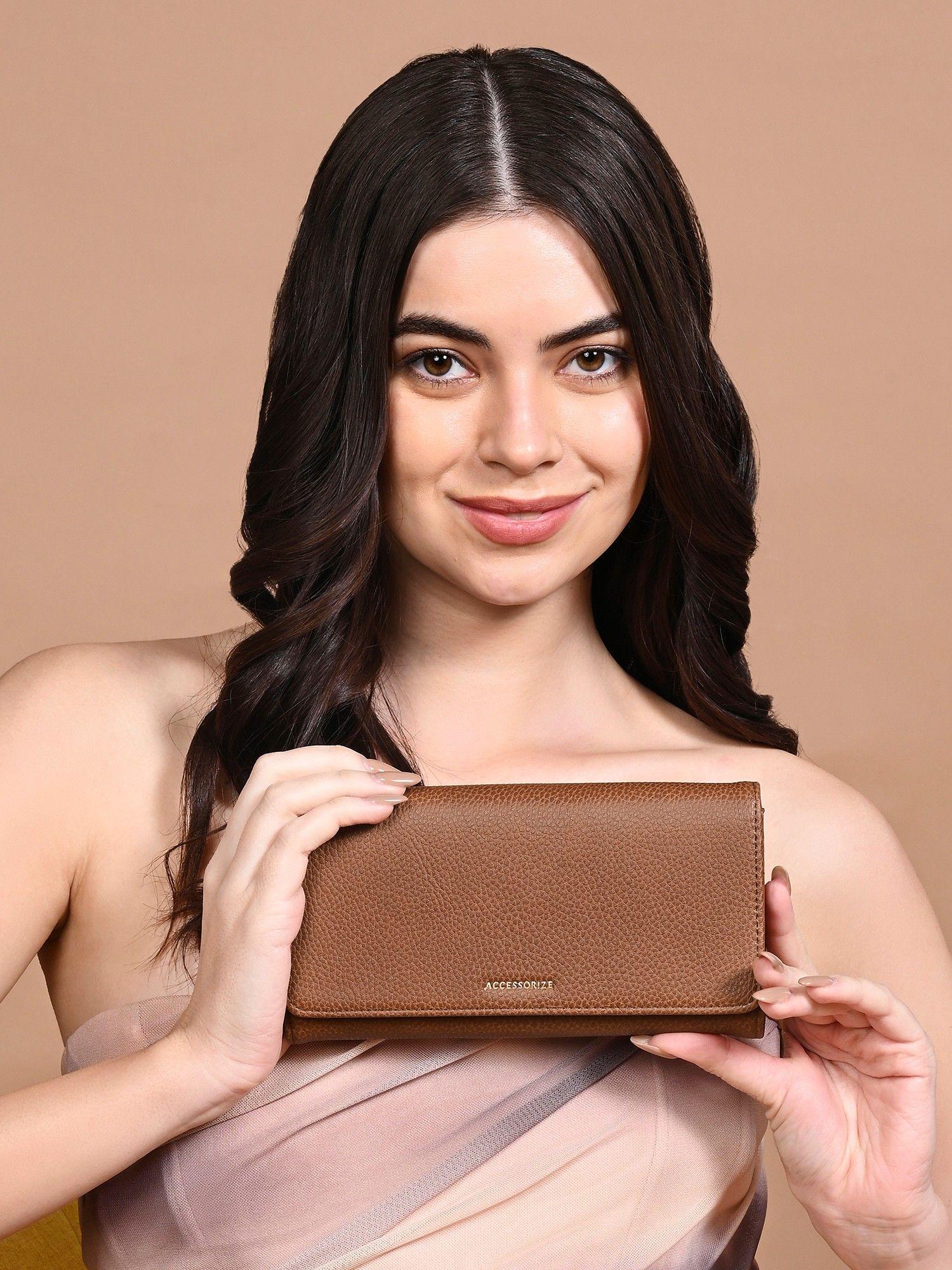 women tan multi compartment large wallet