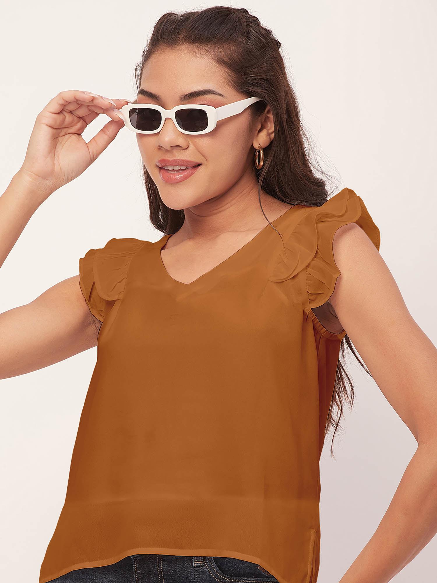 women tan solid ruffle sleeve top