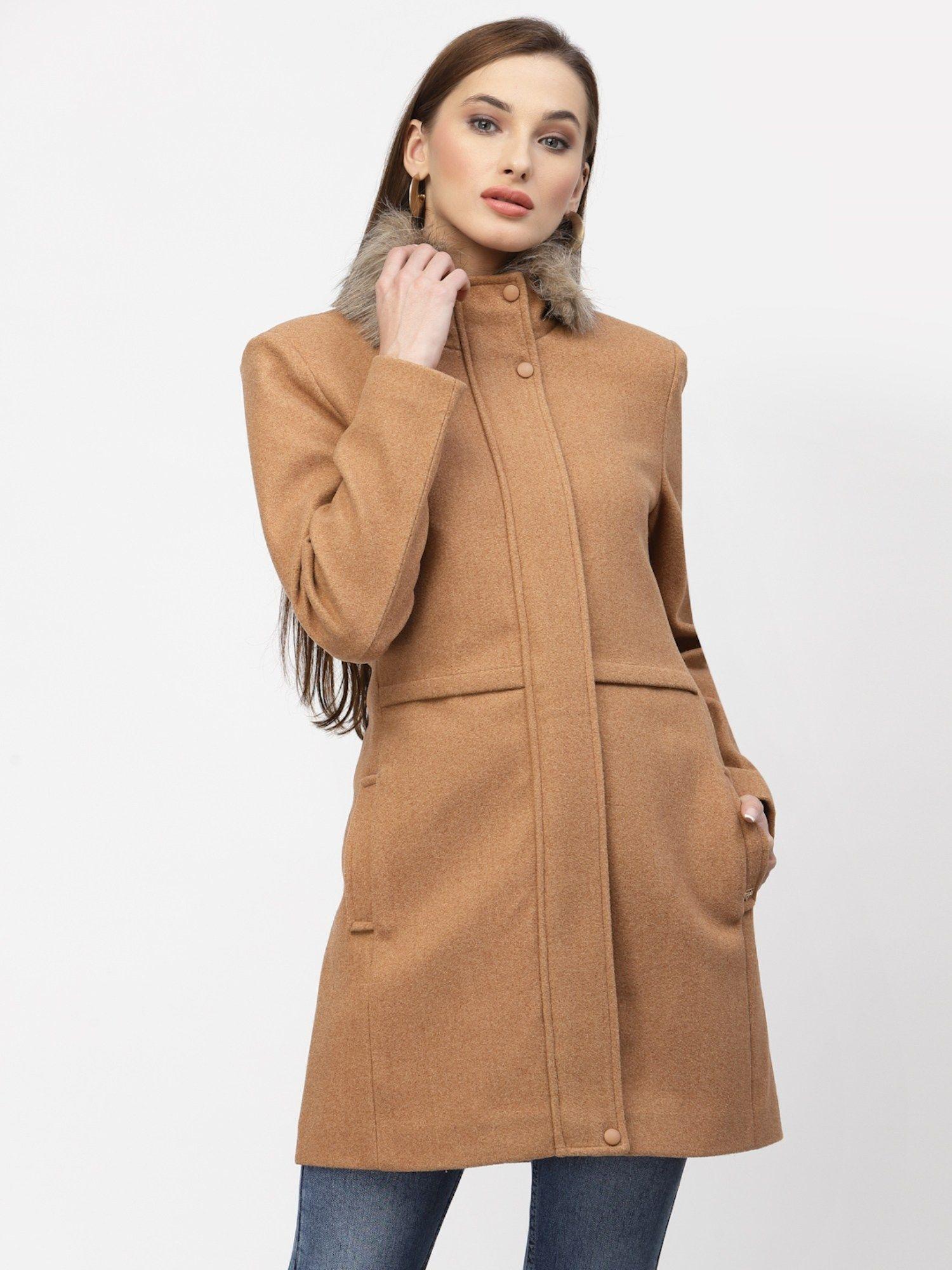 women tan solid single breasted coats