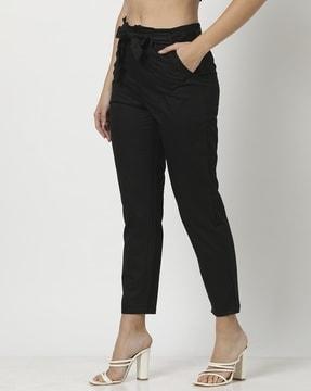 women tapered fit double-pleated paper bag waist pants