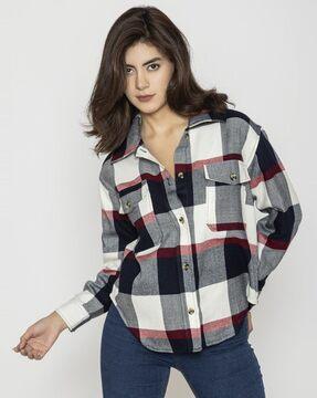 women tartan checked oversized fit shirt