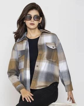 women tartan checked oversized fit shirt