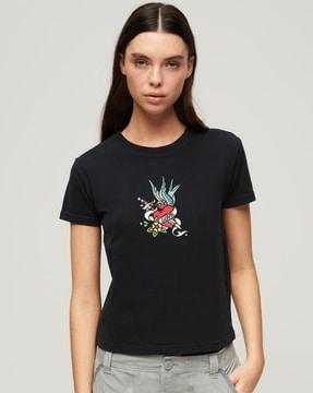 women tattoo embroidered slim fit t-shirt