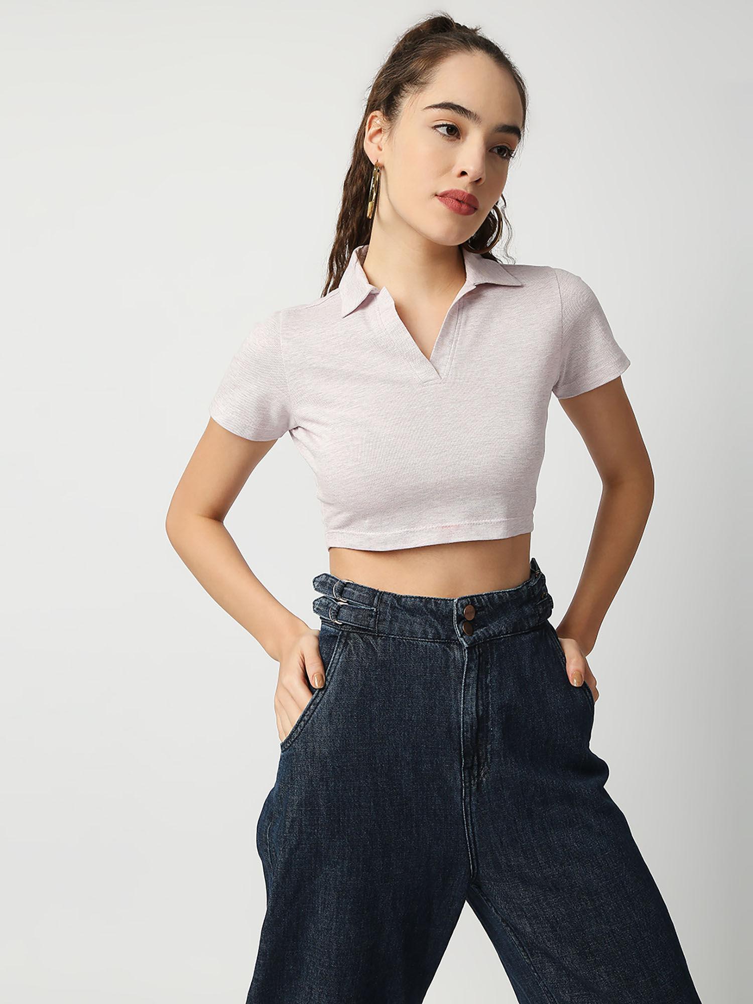 women taupe cropped polo t-shirt