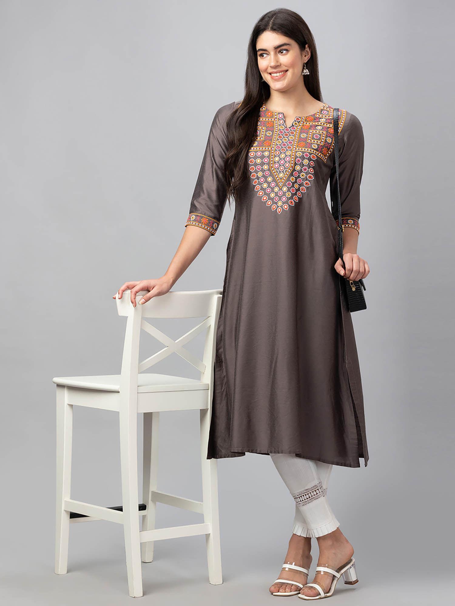 women taupe embroidered round neck with three fourth sleeves a line kurta