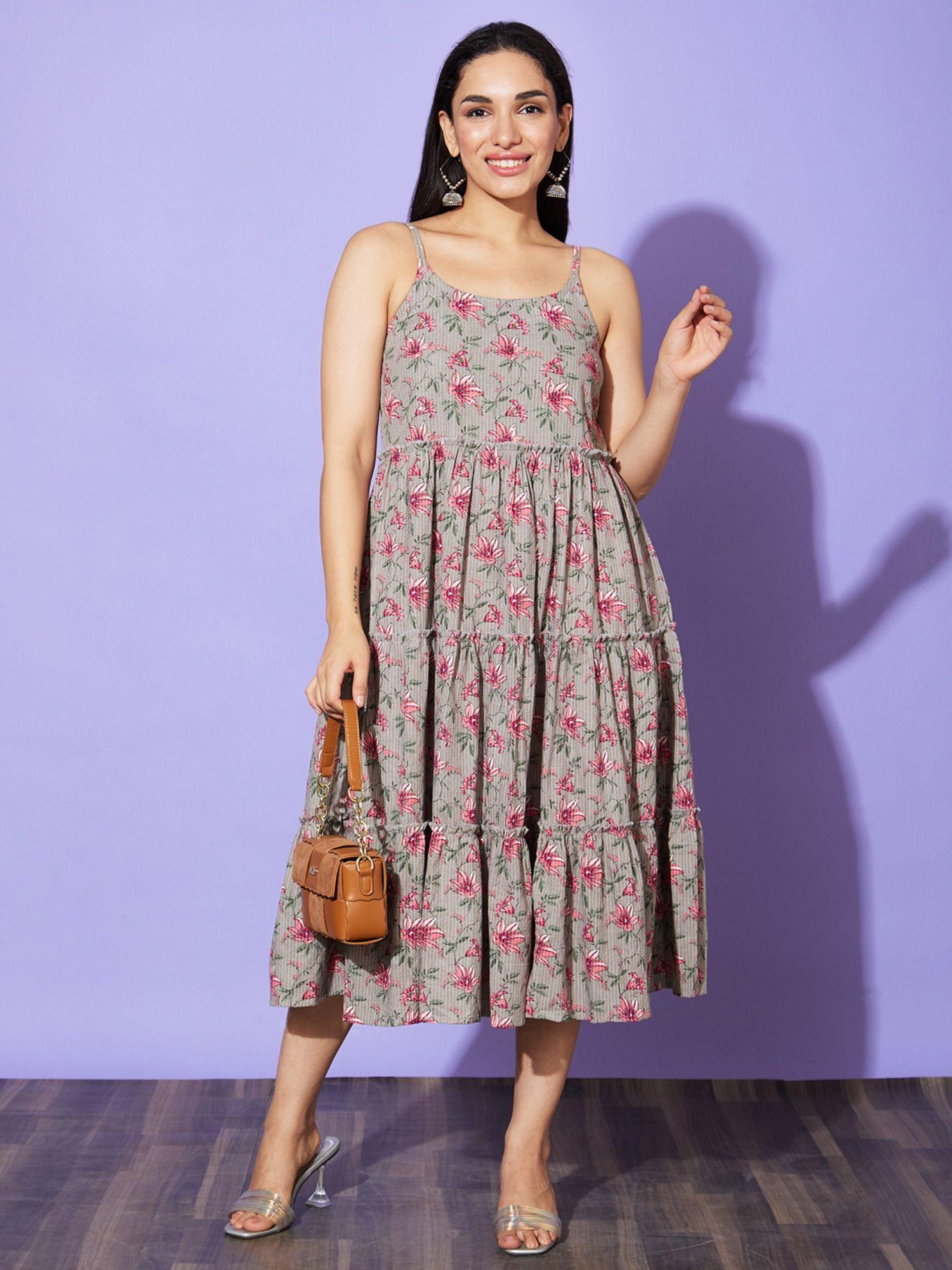 women taupe floral print shoulder straps cotton a-line casual dress