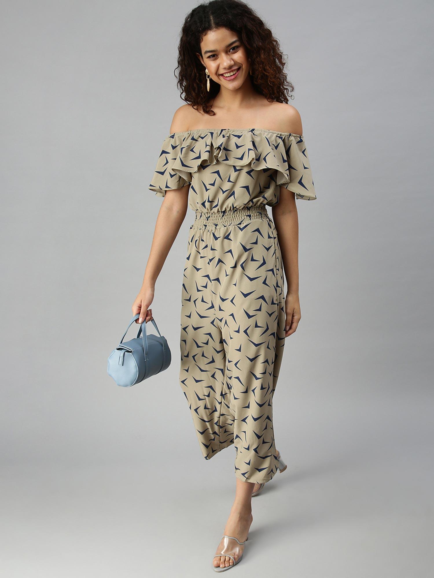 women taupe printed off shoulder jumpsuit