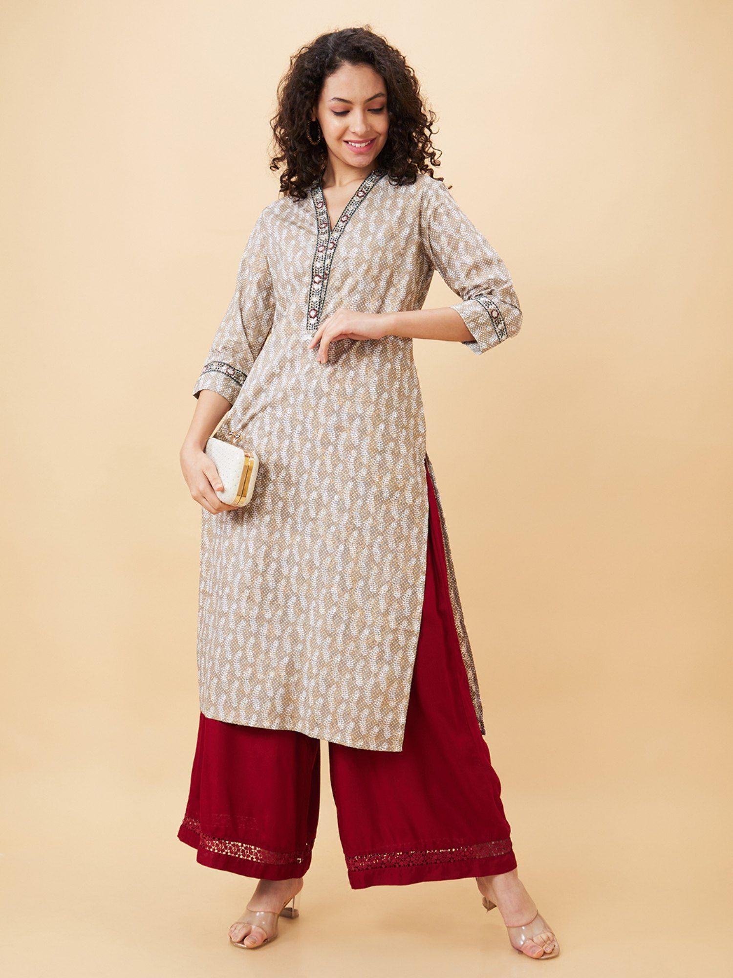 women taupe printed v-neck a-line kurta