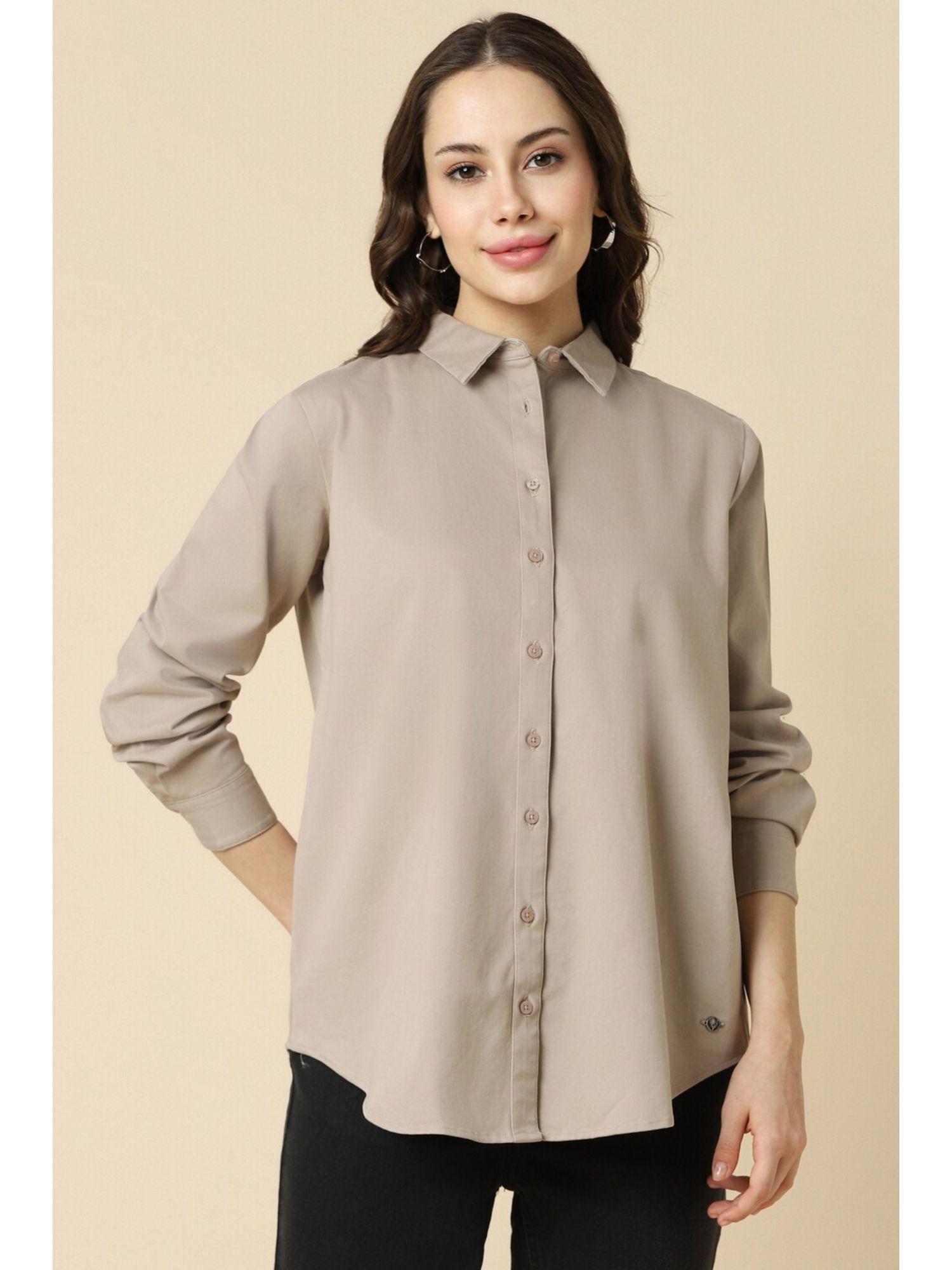 women taupe solid full sleeves regular fit formal shirt