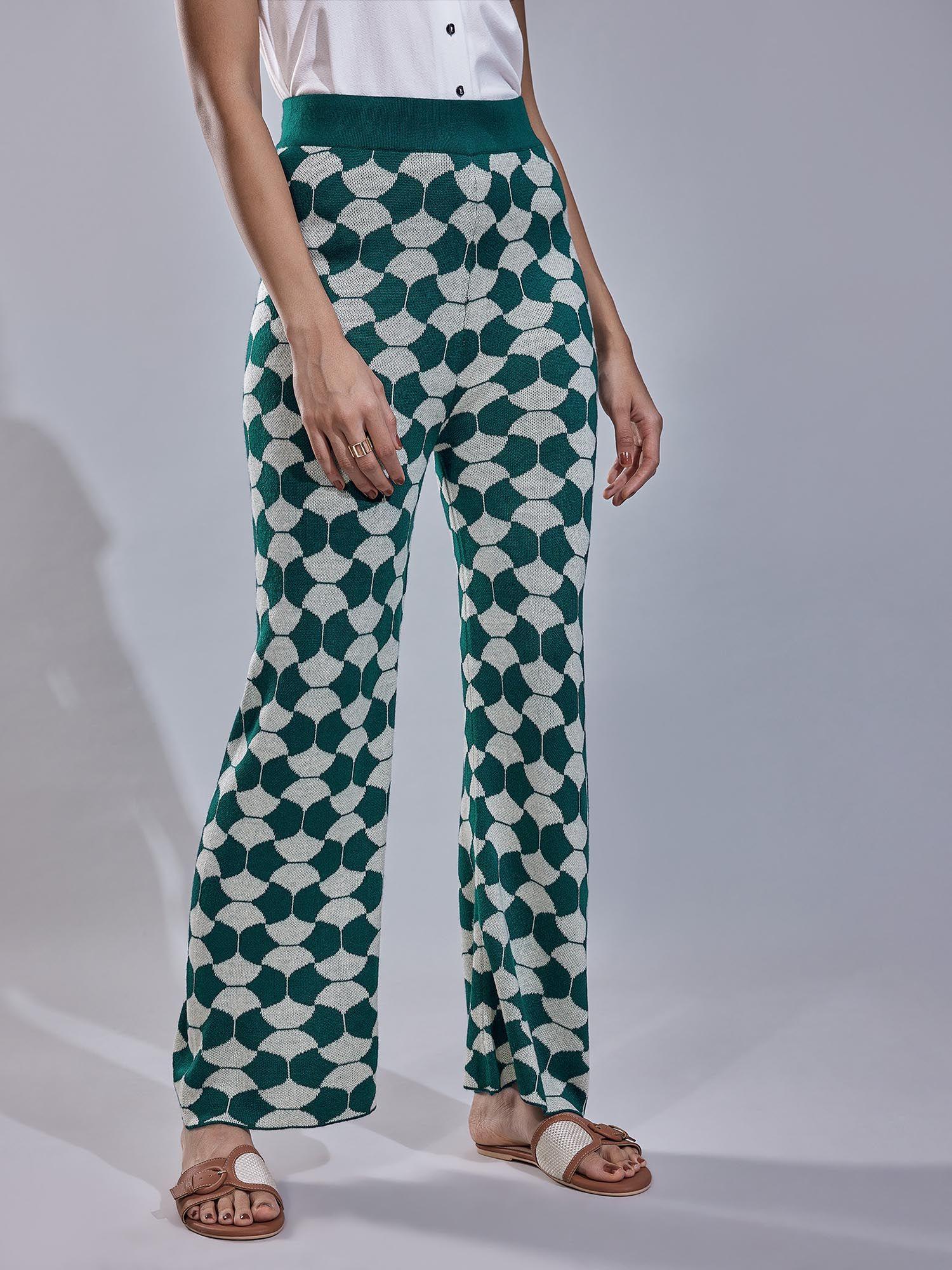 women teal & ecru abstract print pants