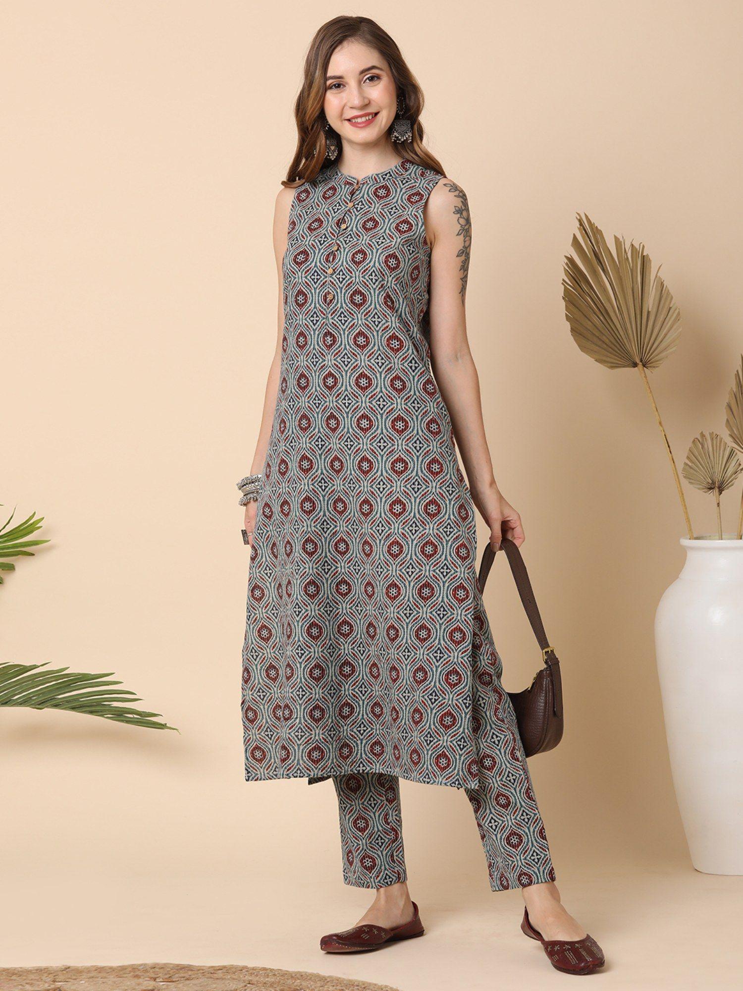 women teal all over printed a-line kurta with narrow pants (set of 2)