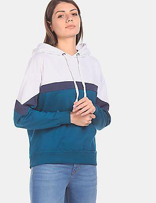 women teal and white drawstring hood colour block sweatshirt