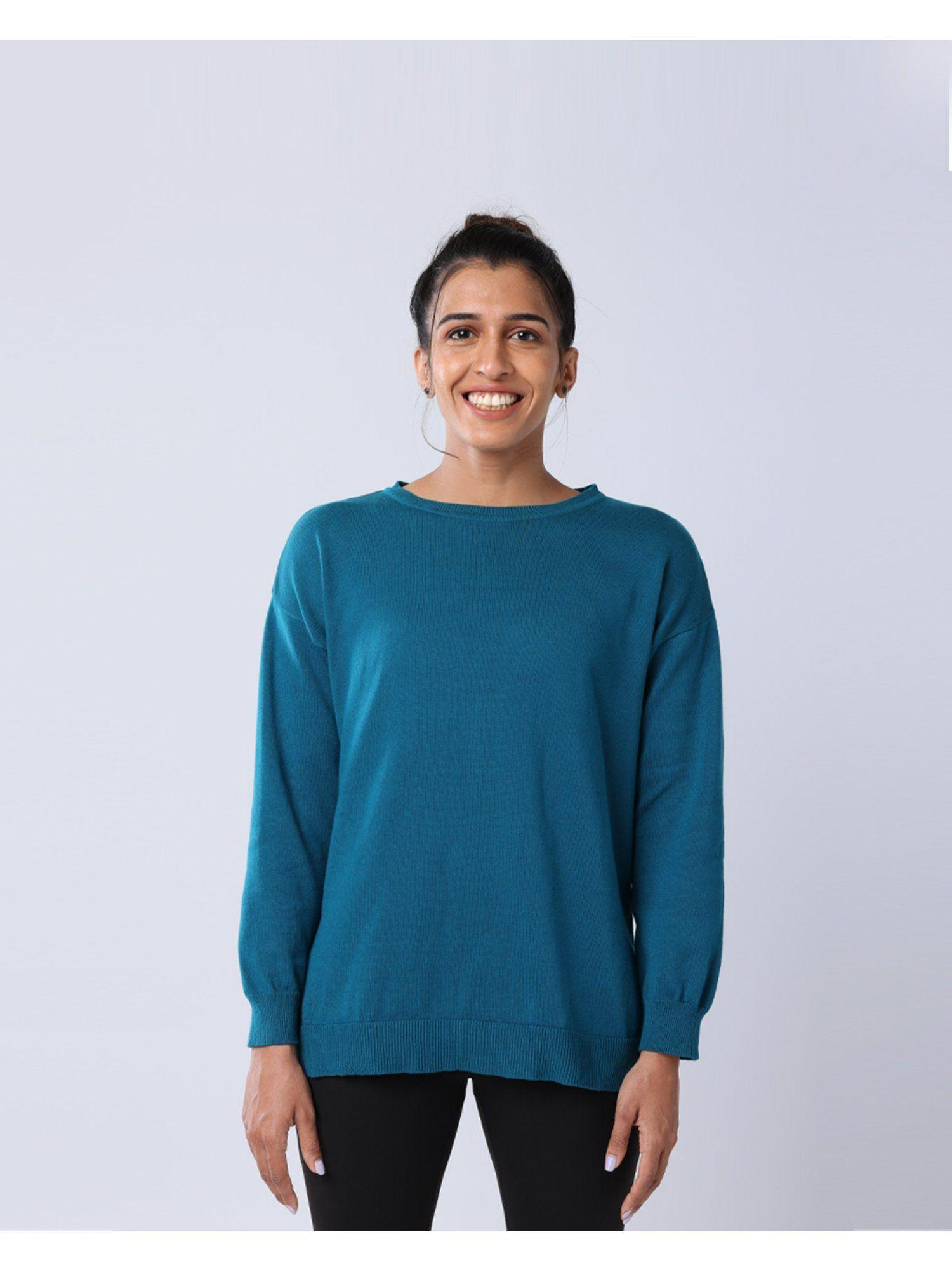 women teal at ease cotton knit top - full sleeve with side slits