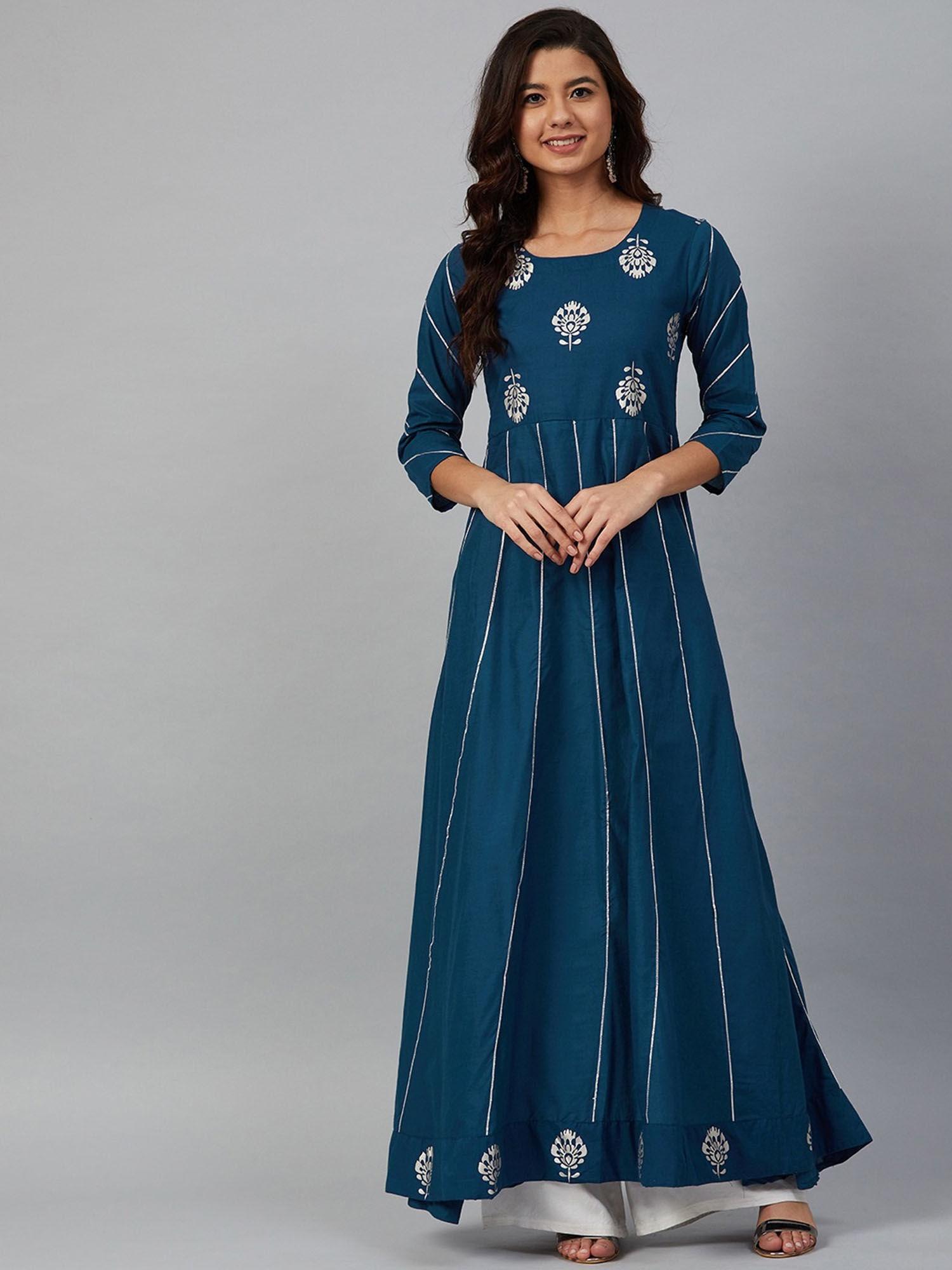 women teal blue & silver-toned printed anarkali kurta