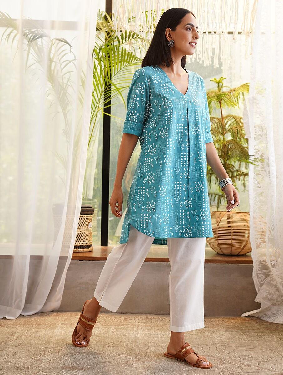 women teal blue cotton printed v neck regular fit tunics