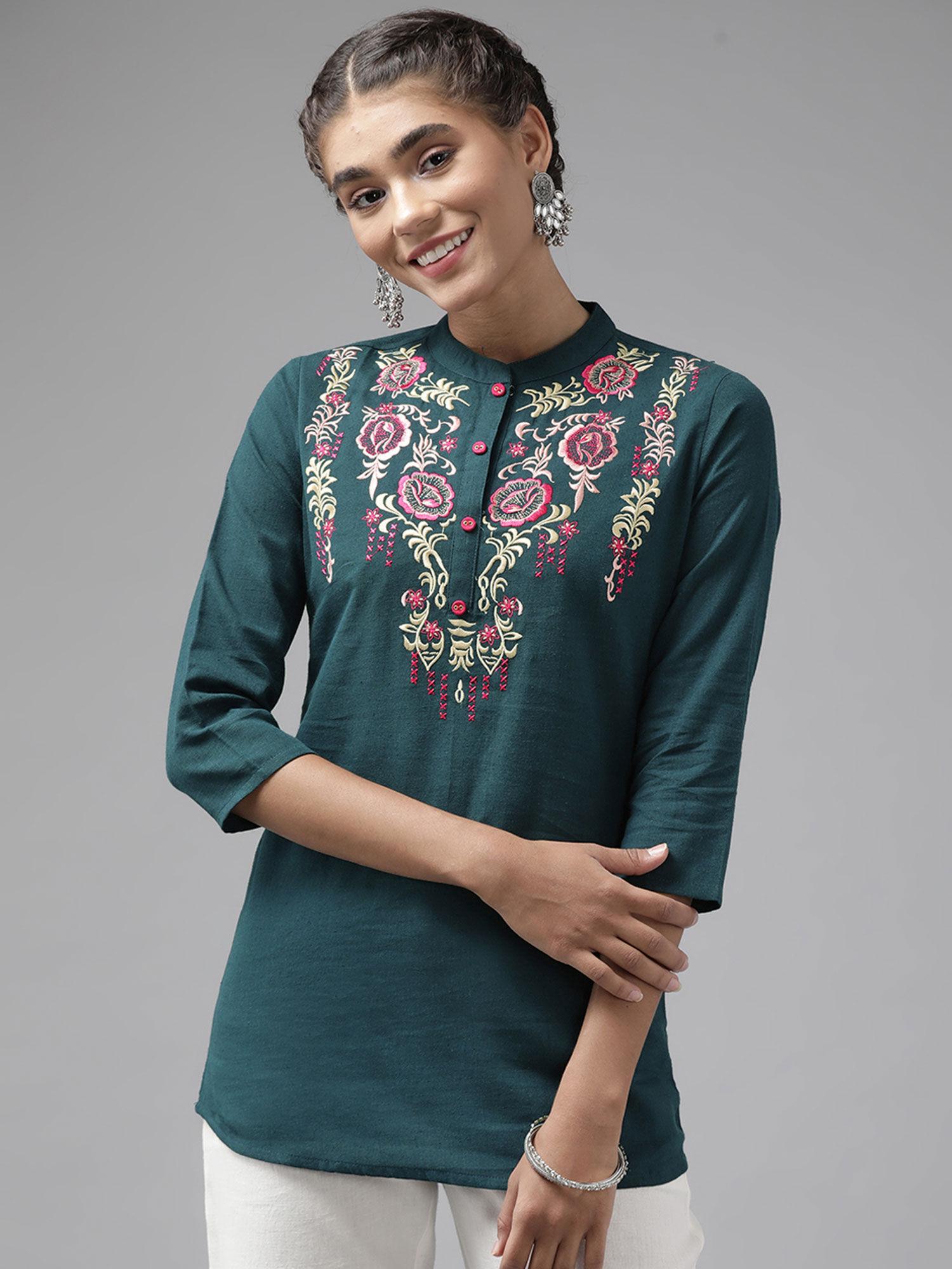 women teal blue embroidered regular top