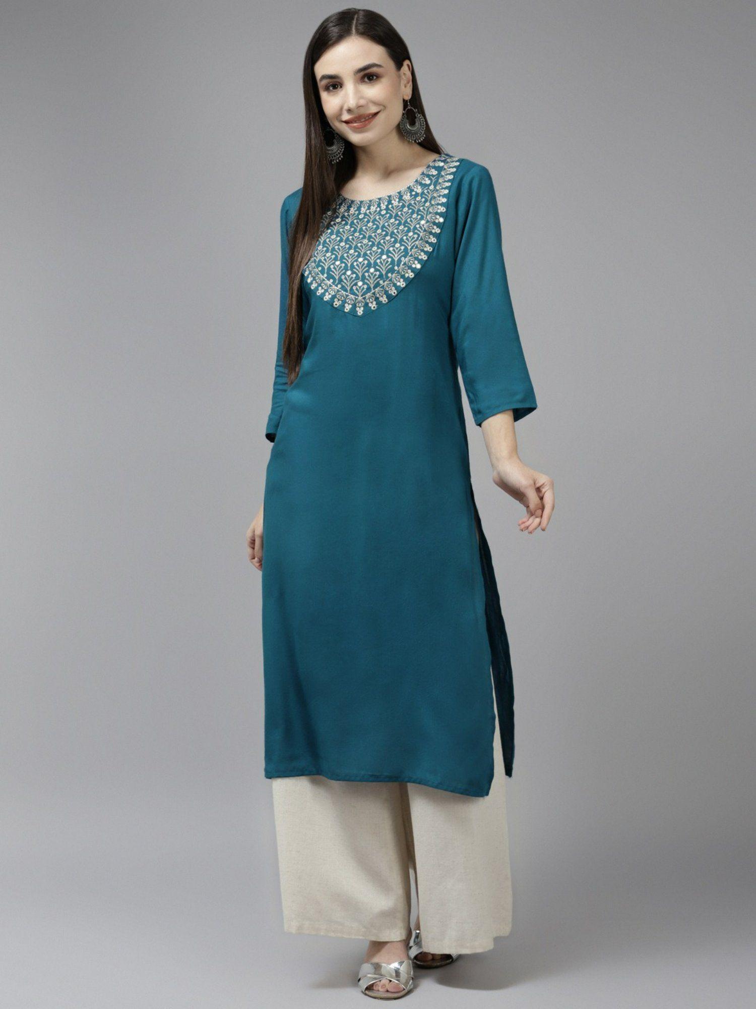 women teal blue embroidery rayon kurta