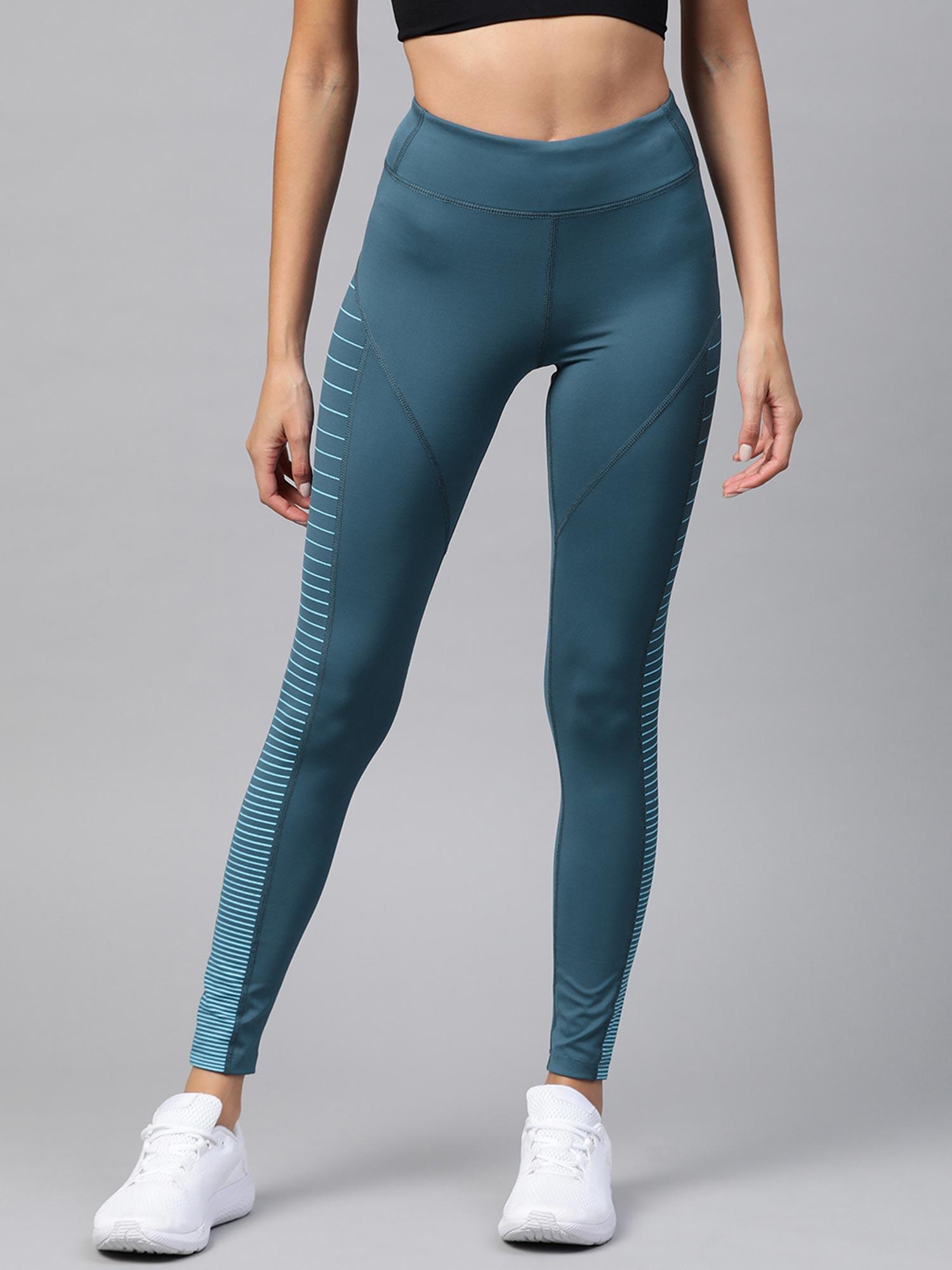 women teal blue solid tights with striped detail