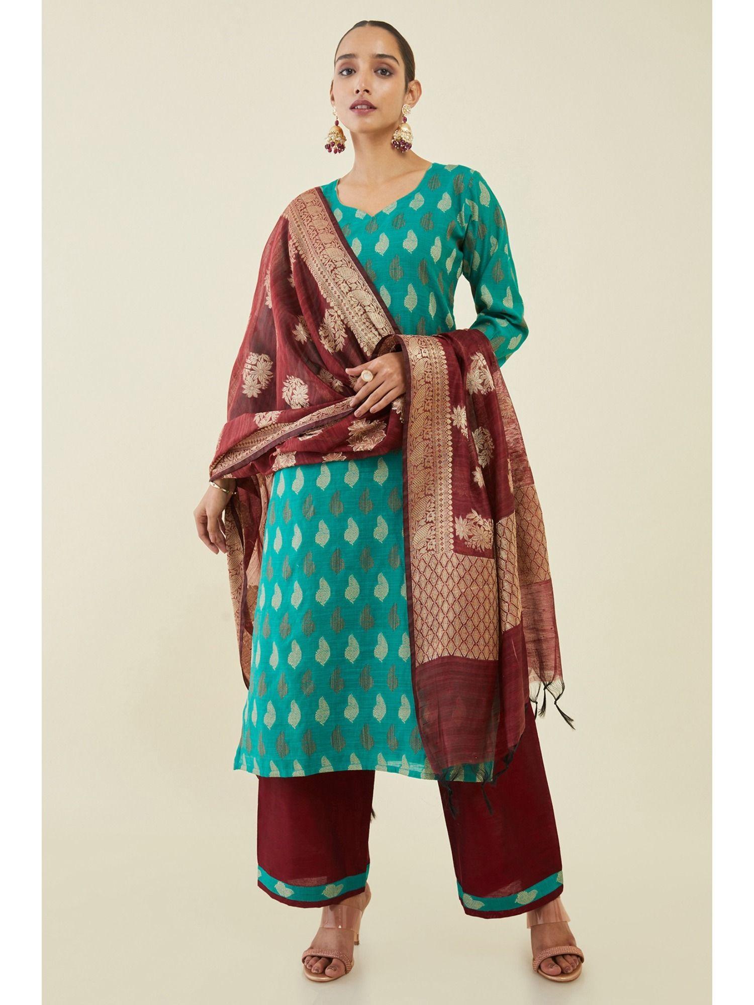 women teal chanderi woven dress material (set of 3)