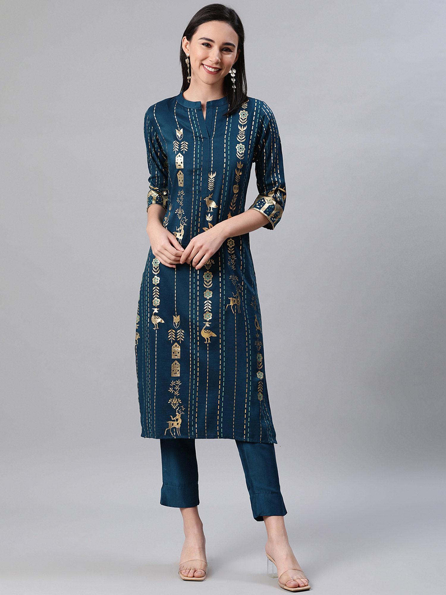 women teal colour foil print straight kurta