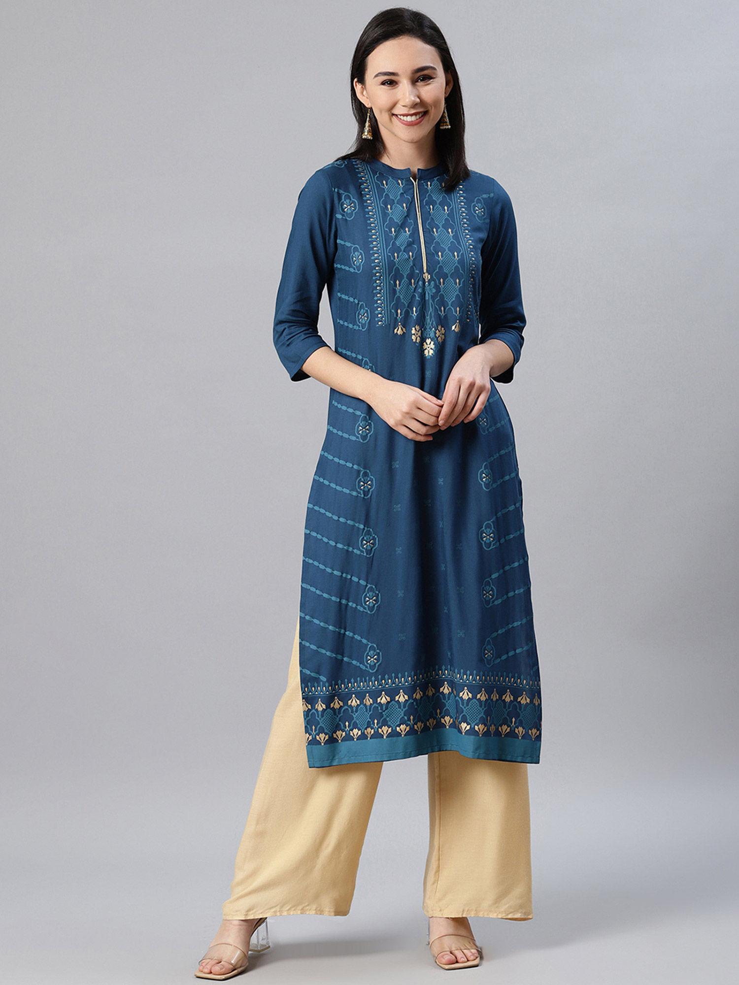 women teal colour foil print straight kurta