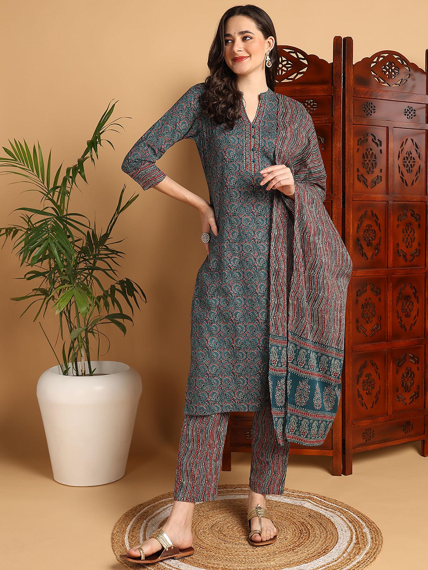 women teal cotton blend ethnic motifs printed kurta trouser with dupatta (set of 3)