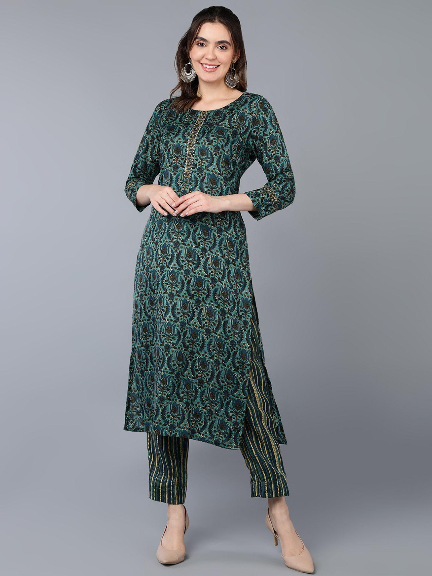 women teal cotton blend ethnic motifs printed straight kurta with pant (set of 2)