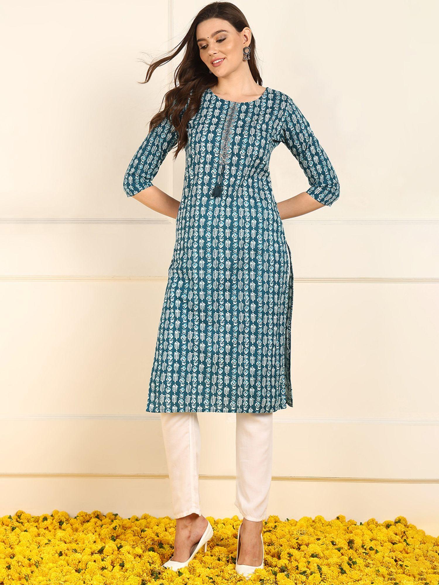 women teal cotton ethnic motifs printed straight kurta