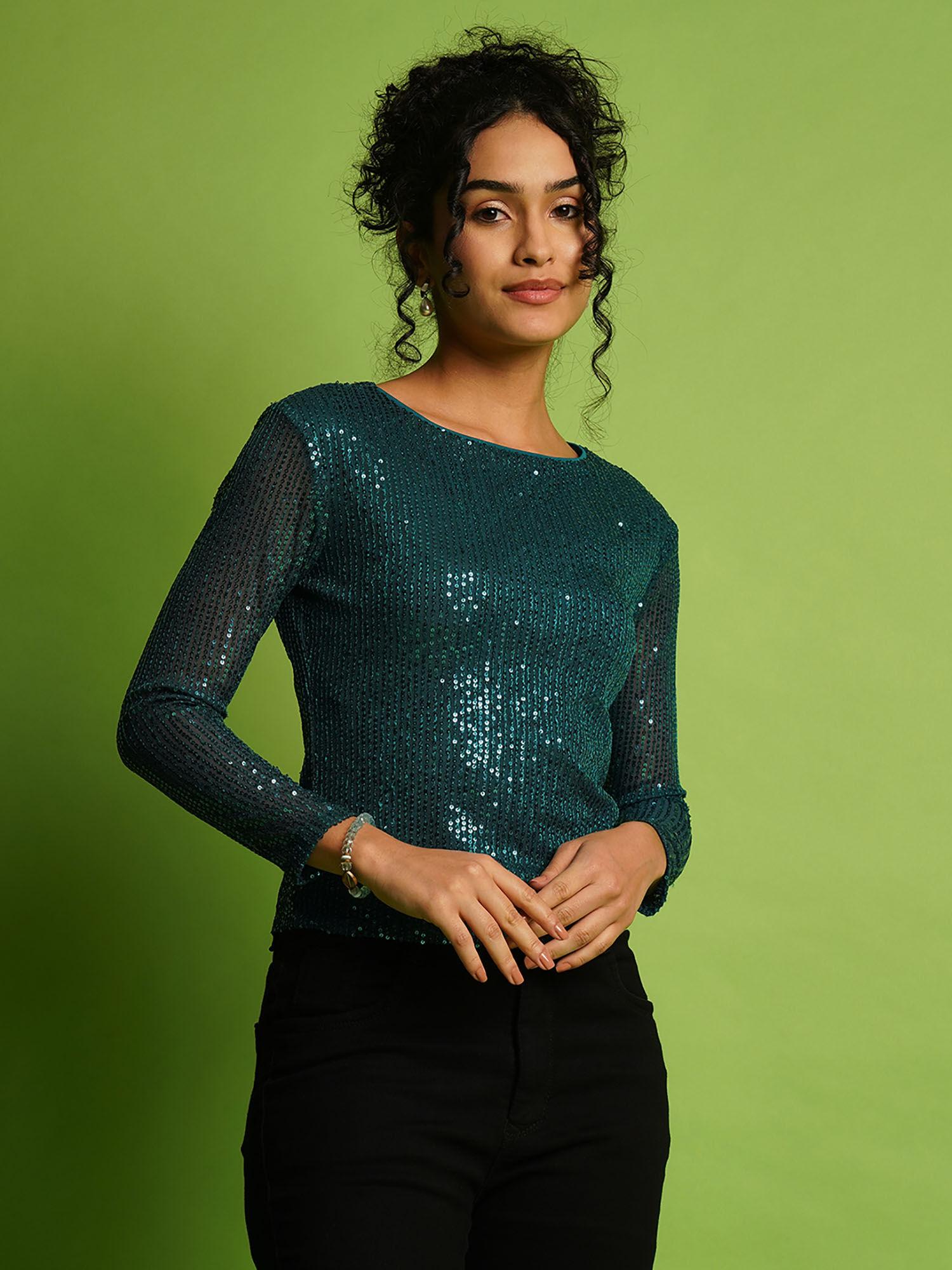 women teal embellished round neck sequined striped party top